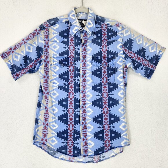 Wrangler Shirt Mens 15 1/2 34 Blue Aztec Cowboy Cut Vintage Pearl Snap X Long - Picture 1 of 11